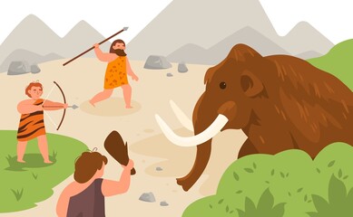 Stone age hunting. Ancient men chasing mammoth animal, angry caveman pursuit prey, neolithic prehistoric people with primitive weapons, bow and arrow, spear and club vector cartoon concept