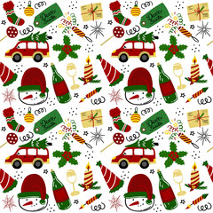 Christmas pattern. car with Christmas tree, snowman, firecracker, Bengal lights. Festive seamless pattern on a white background. Vector illustration. Country style.