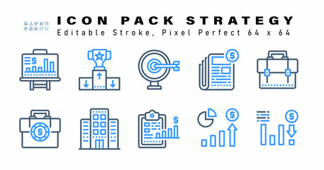 Icon Set of Strategy Two Color Icons. Contains such Icons as  Suitcase, Work Suitcase, Office Building,  Clipboard etc. Editable Stroke. 64 x 64 Pixel Perfect