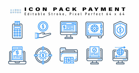 Icon Set of Payment Two Color Icons. Contains such Icons as  Secure Coins, Online Finance, Target Money, Save Money etc. Editable Stroke. 64 x 64 Pixel Perfect