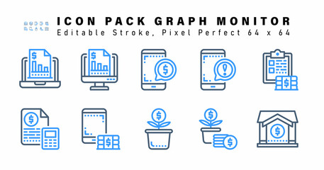 Icon Set of Graph Monitor Two Color Icons. Contains such Icons as  Finance Report, Accounting, Mobile Finance, Finance etc. Editable Stroke. 64 x 64 Pixel Perfect
