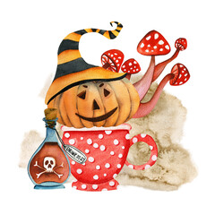 Halloween sublimation watercolor. Pumpkin head with hat and cup. Amanita muscaria, a bottle of poison.