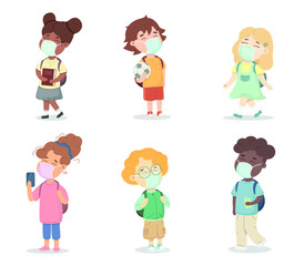 Happy kids wearing protective face mask from coronavirus or flu set isolated on white background. Group of different children go to school. Back to school concept vector flat illustration. 