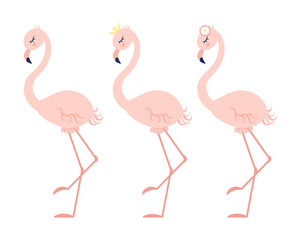 Set - cute pink flamingos. Children's illustration.