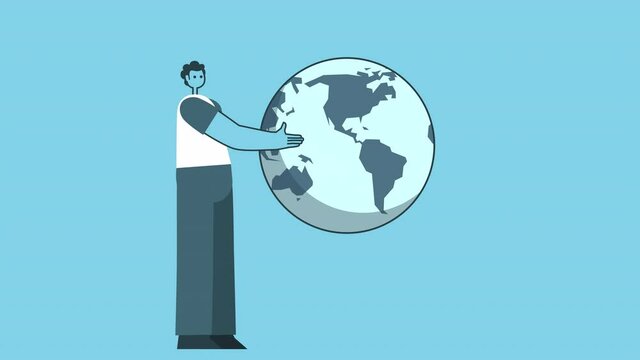 Cartoon Man Turns Earth Globe. Flat Design 2d Character Isolated Loop Animation with Alpha Channel