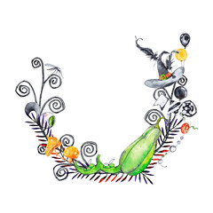 Halloween decorative wreath of festival accessories and fantastic plants. Witch hat, shoes, balloons, flags, cat eye and toxic pumpkin. Watercolor hand painted isolated elements on white background.