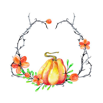 Halloween decorative floral wreath of orange pumpkin, fantastic flowers, and  barbed branches. Watercolor hand painted isolated elements on white background.