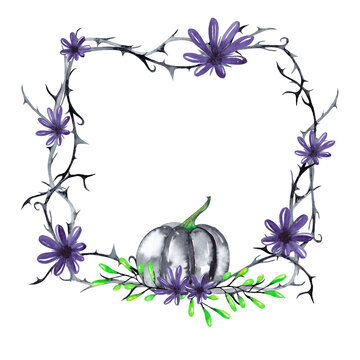 Halloween decorative floral wreath of black pumpkin, fantastic violet flowers, and  barbed branches. Watercolor hand painted isolated elements on white background.