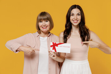 Two young smiling happy daughter mother together couple women in casual clothes hold point index finger on gift certificate coupon voucher card for store isolated on plain yellow background studio.