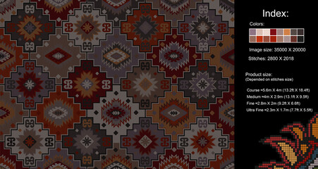 Colorful carpet pattern for knitting cross stitch, carpet, rug, fabric, knitting etc. with mosaic squares and grid guidelines. The index helps you know estimated size of the knitted product.