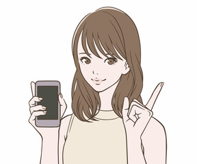 スマートフォンを持ち、人差し指を立てる女性