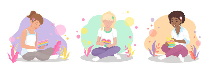 Three girls are sitting and playing with pop it toy. Concept of kids leisure and entertainment. Vector graphic illustration