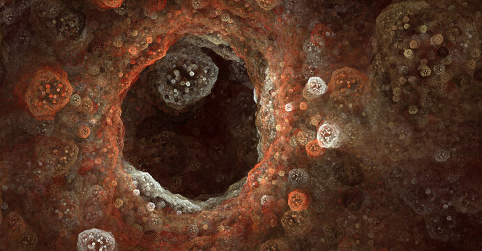 Abstract fractal art background, suggestive of inside the gut, airways, or blood vessels, possibly infected with disease and viruses, or it could be a rocky cave on an alien planet.