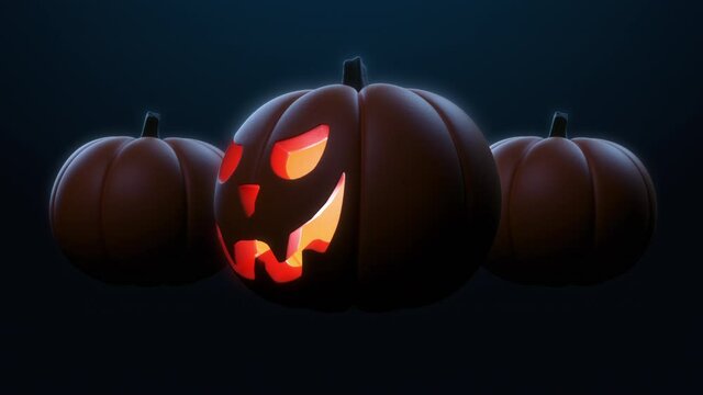 Three Halloween pumpkins seamless loop rotation on dark blue background. Mystery light. Burning candle lights inside. Scary eyes and smile. Festive night, party celebration. Horrific mood 3D render 4K