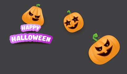 Halloween Horizontal web Banner or poster with Halloween scary pumpkins gang isolated on grey background. Funky kids Halloween concept background with greeting text