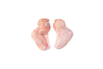 Two raw wings on a white background, isolade. Raw frozen wings for a supermarket.