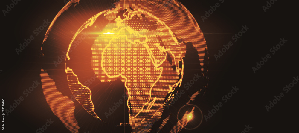 Poster Glowing globe hologram on dark background with mockup place. Digital interface and global innovation. 3D Rendering.