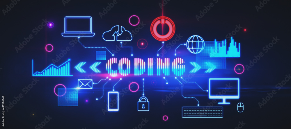 Aufkleber Abstract glowing coding hologram on blue background. Information technology and business data concept. 3D Rendering.
