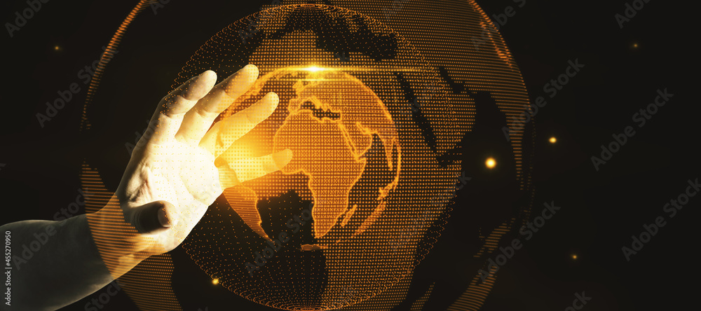 Poster hand holding glowing globe hologram on dark background. digital interface and global innovation.
