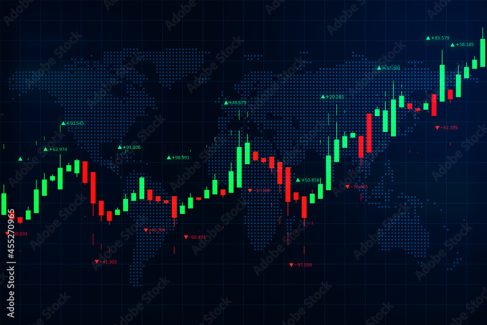 Poster creative glowing forex chart with map on dark blue background. trade and finance concept. 3d renderi