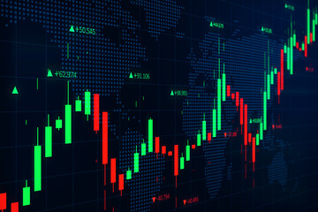 Abstract glowing forex chart with map on dark blue background. Trade and finance concept. 3D Rendering.