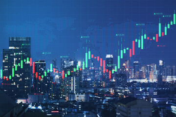 Abstract glowing forex chart on night city background. Trade, finance and invest concept. Double exposure.