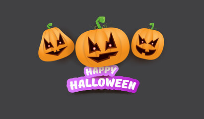 Halloween Horizontal web Banner or poster with Halloween scary pumpkins gang isolated on grey background. Funky kids Halloween concept background with greeting text