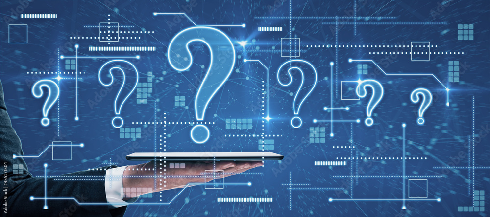 Poster businessman hands holding tablet with creative glowing question marks interface on blue background. 