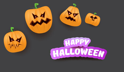 Halloween Horizontal web Banner or poster with Halloween scary pumpkins gang isolated on grey background. Funky kids Halloween concept background with greeting text