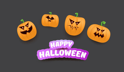 Halloween Horizontal web Banner or poster with Halloween scary pumpkins gang isolated on grey background. Funky kids Halloween concept background with greeting text