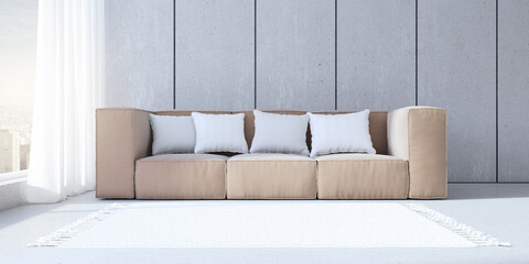 Minimalistic concrete office interior with couch, pillows and window with city view and daylight. 3D Rendering.