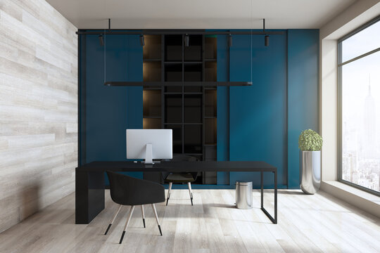 Modern blue office interior with wooden flooring, city view, sunlight and workplace. 3D Rendering.