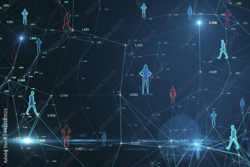 Poster Creative glowing connected people icons on blue background. Population count and digital transformation concept. 3D Rendering.