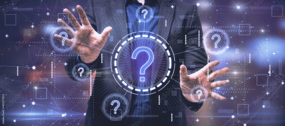 Poster businessman hands holding creative glowing question marks interface on blurry background. technology