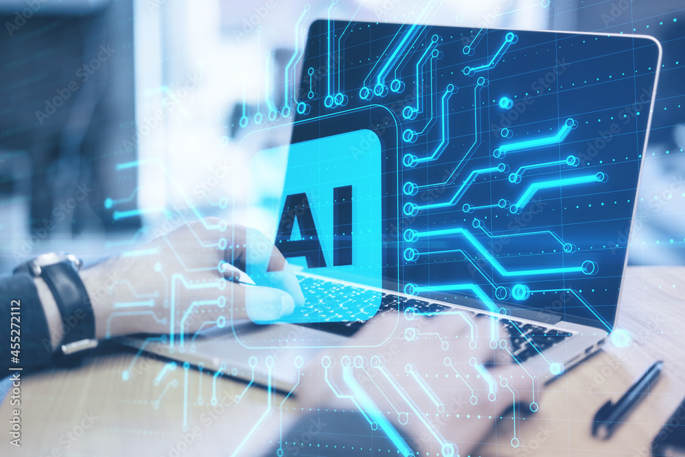 Poster Close up of hands using laptop with abstract glowing AI chip on blurry background. Artificial intelligence and innovation concept. Double exposure.