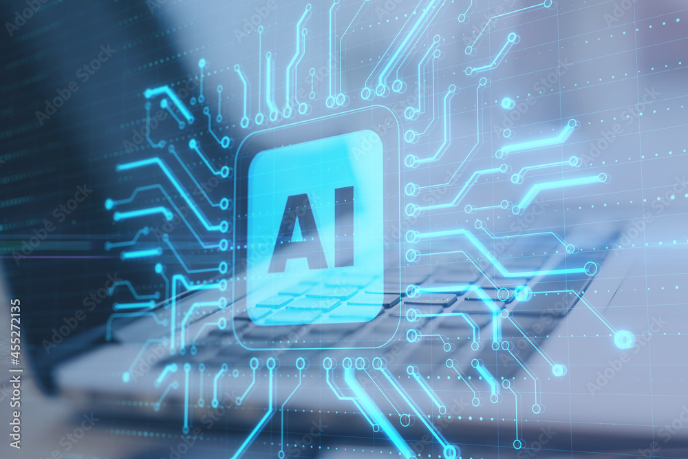 Aufkleber close up of laptop with abstract glowing ai chip on blurry background. artificial intelligence and i