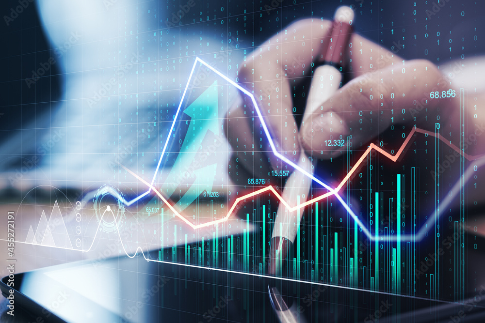 Poster close up of hands using laptop with creative glowing business chart and arrows.