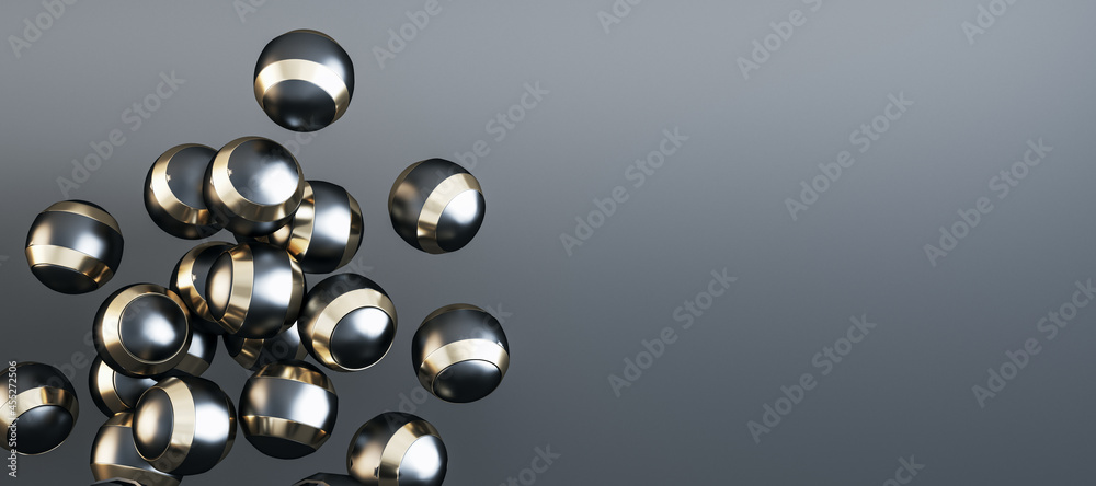 Poster creative wide image of shiny metal silver balls on grey background with mock up place. design concep