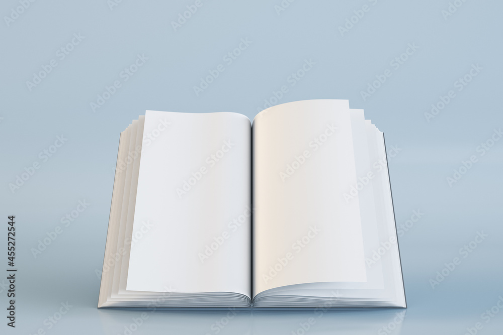 Aufkleber Close up of blank open book on grey background. Document and page concept. Mock up, 3D Rendering.