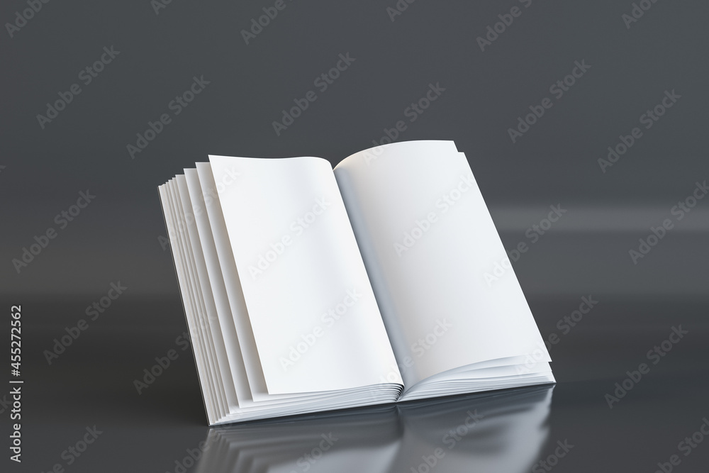 Aufkleber Close up of clean open book on grey background. Document and page concept. Mock up, 3D Rendering.