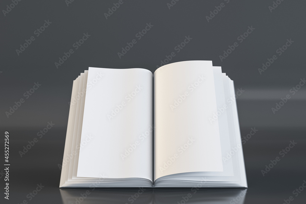 Aufkleber Close up of white open book on grey background. Document and page concept. Mock up, 3D Rendering.