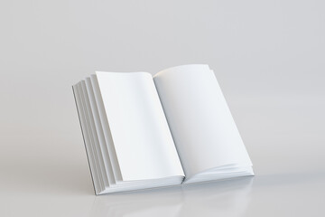 Empty open book on grey background. Document and page concept. Mock up, 3D Rendering.