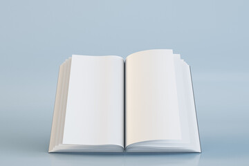 Close up of blank open book on grey background. Document and page concept. Mock up, 3D Rendering.