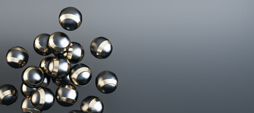 Creative wide image of shiny metal silver balls on grey background with mock up place. Design concept. 3D Rendering.