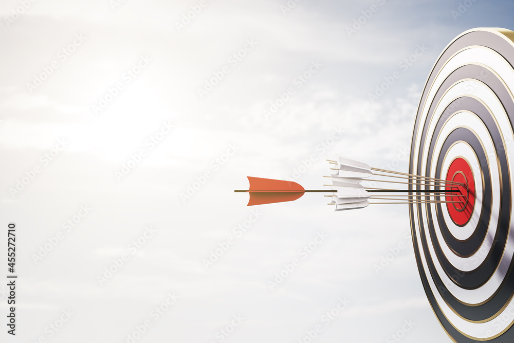 Aufkleber bullseye with arrow on abstract sky background with mock up place. strategy and target concept. 3d r