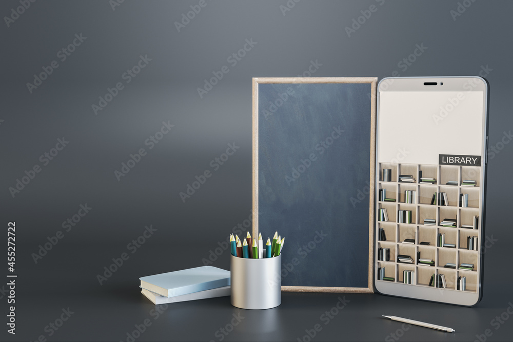 Fototapete Abstract mobile phone with online library on gray background with mock up place. Digital education and knowledge concept. 3D Rendering.