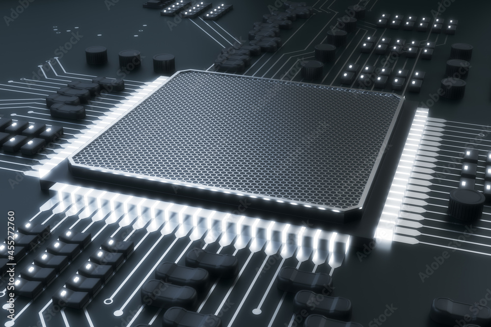 Poster abstract gray chip background. circuit, technology and hardware concept. 3d rendering.