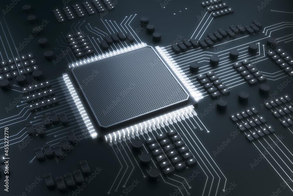 Poster creative gray chip background. circuit, technology and hardware concept. 3d rendering.