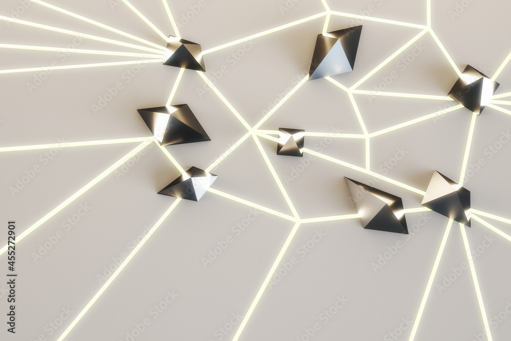 Poster Creative line connected diamonds on light background. Design concept. 3D Rendering.