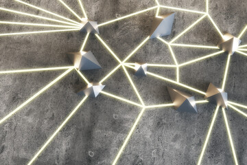 Creative line connected diamonds on concrete background. Design concept. 3D Rendering.